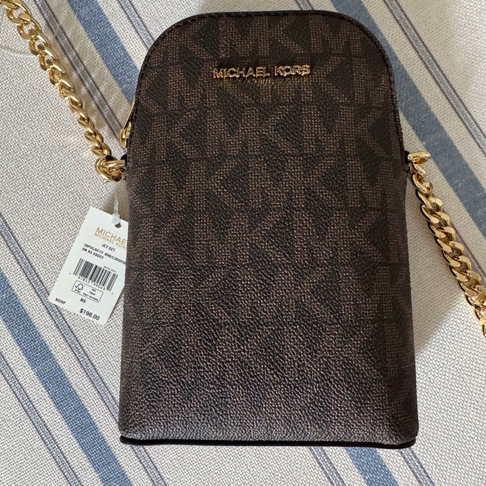 Michael Kors Brown Monogram Jet Set Crossbody with Gold Hardware